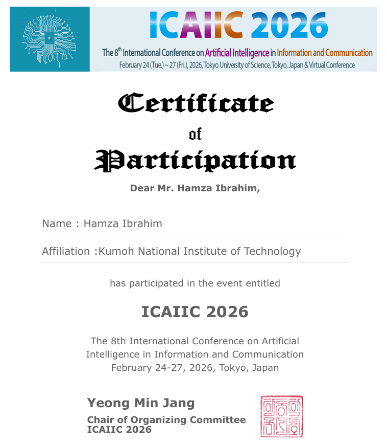 ICAIIC 2026 certificate of participation for Secure federated learning for real-time cyber threat detection in ev charging infrastructures